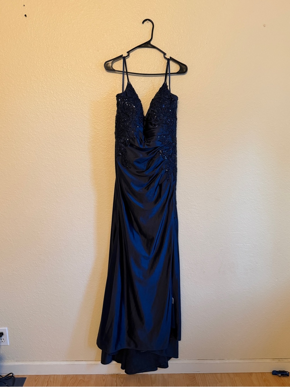 Cinderella Navy Blue Beaded Spaghetti-Strap Prom Gown